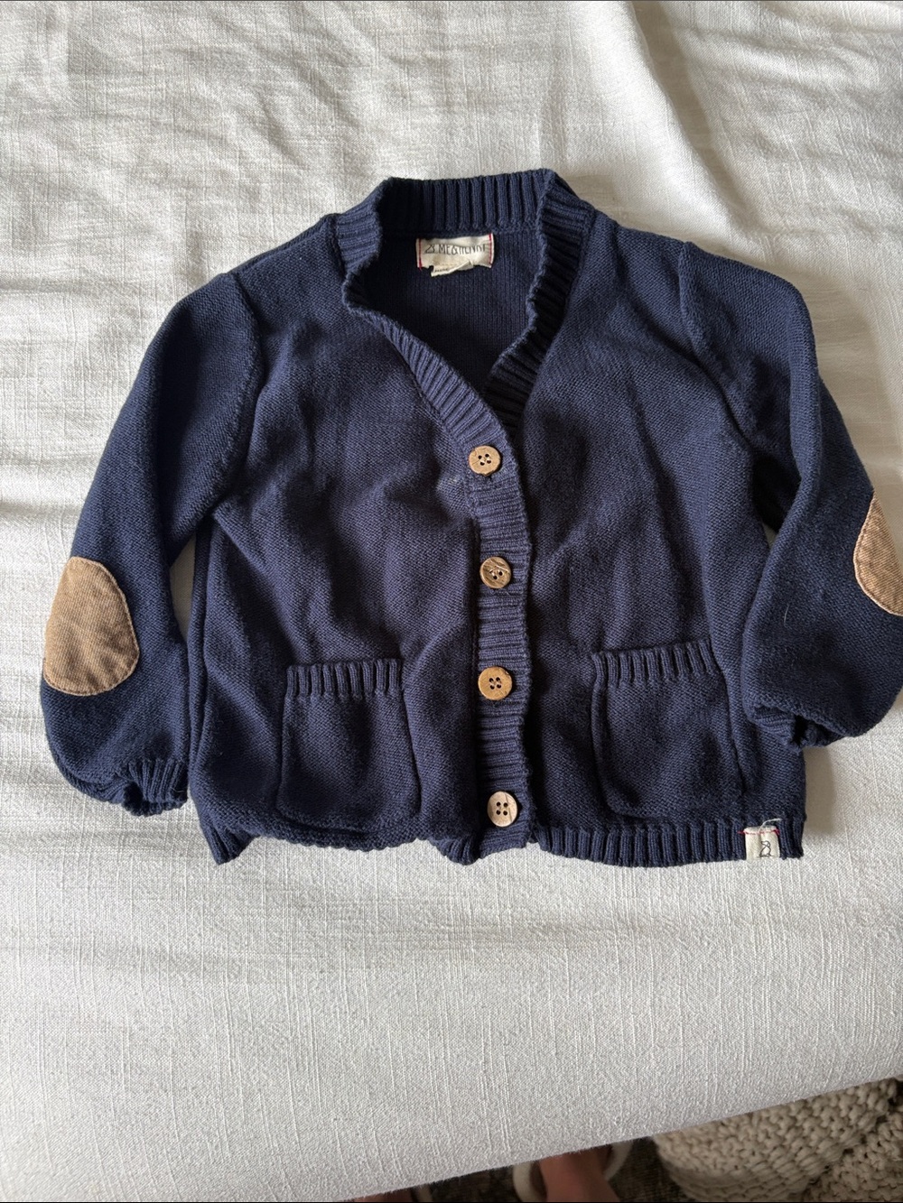 Me & Henry kids Navy Knit Cardigan with Tan Elbow Patches